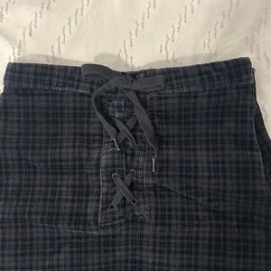 SO Junior’s Navy Gray Plaid Corduroy Mini High Rise Skirt Lace Up Sz 0/24W Y2K